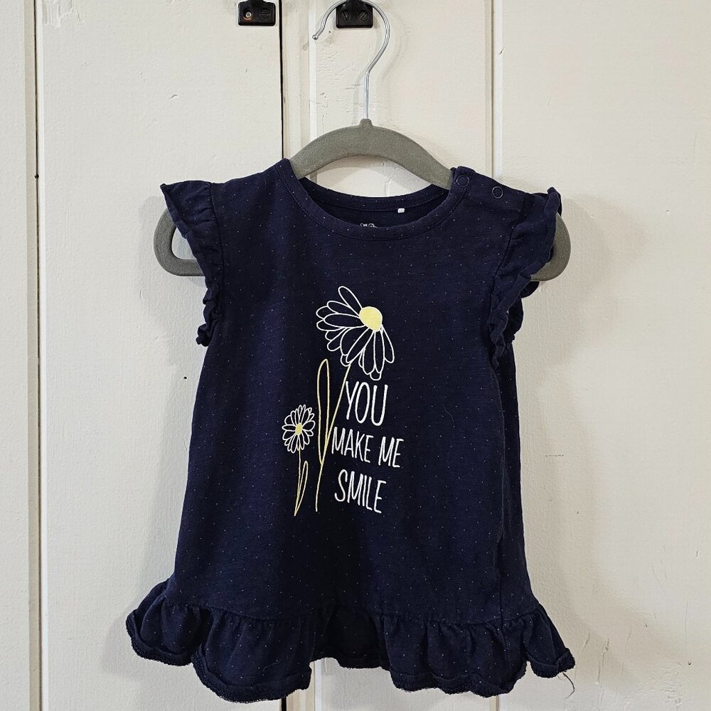 Topomini (European brand) Baby Girl Navy Blue Ruffle Graphic Tshirt 18-24M